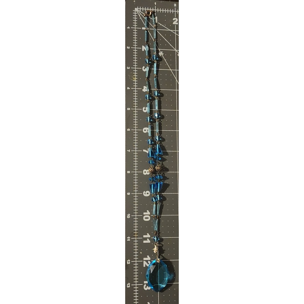 VTG Art Deco Aqua Blue Glass Bead Necklace Large Faceted Pendant 22 In READ - Picture 6 of 10